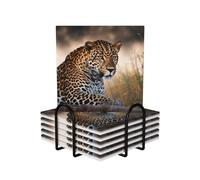 African Animal Leopard Print Drink Coasters Set of 6 with Holder Absorbent Coffee Cup Coasters Non-Slip Round Ceramic Coaster Durable Cup Mat for Coffee Table Bar Dining Table Decor