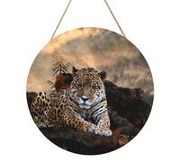 African Animal Leopard Round Wood Panel Painting 12 Inch Hanging Plaque Rustic Farmhouse Wall Art Home Decor with Rope