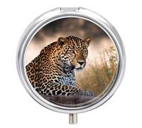 African Animal Leopard Small Pill Case Round Weekly Pill Organizer with Mirror 3 Compartments Portable Travel Daily Pill Container Cute Pill Box for Fish Oil Supplements