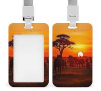 African Animal Sunset ID Badge Holder Waterproof Card Protector Push-Pull Slot Work ID Card Holder with Lanyard Personalized Detachable Card Holders for Office Corporate Use