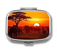 African Animal Sunset Pill Box 2 Compartment - Small Metal Medicine Organizer Portable Pill Case for Purse Pocket Travel Vitamin Organizer for Men Women, BPA-Free