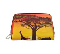 African Animal Sunset Print Premium Leather Toiletry Travel Pouch with Waterproof Portable Pouch Open Flat Makeup Bag