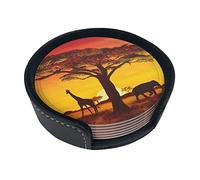 African Animal Sunset Round Leather Coasters (Pack Of 6) Coaster Coasters Set Of 6 Personalised Coasters Cup Coaster Funny Coaster
