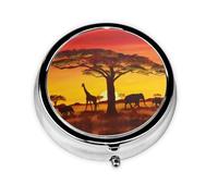 African Animal Sunset This Small, Round, Three-Compartment Travel Pill Box is Perfect for Storing Daily medications, Vitamins, and on-The-go.