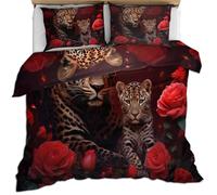 African Animals Cheetah Bedding Leopard Print Duvet Cover Set with 1 Pillow Shams 3 Piece Single Size Red Rose Bed Sets for Teens Kids Boys and Girls (135×200cm)