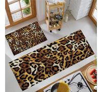 African Animals Kitchen Mats Set, 50x80cm+50x150cm Anti Fatigue Standing Area Rugs Luxury Leopard Print Runner Rug Non-slip, Oil Resistant Floor Mats for Office, Laundry, Hallways, Yellow-Brown