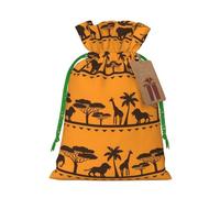 (African animals) Printed Christmas M Size Gift Bags with Green Ribbon Drawstring Candy Bags for Kids Xmas Holiday Christmas Eve Presents