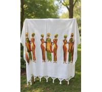 African Art Print Peshtemal Towel, White Cotton Blend with Traditional Design, Lightweight Tasseled Hammam Style, Beach Bath Travel