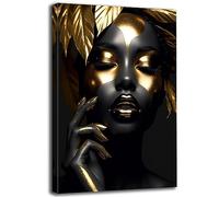 African Art Wall Decor Elegant African American Wall Art Black and Gold Leaf Women Portrait Print Painting Framed for Home Living Room Bedroom Decor-(12"W x 18"H)