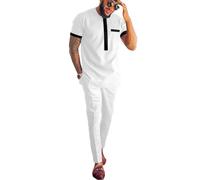 African Attire for Men Solid Color Short Sleeve Shirt Pants 2 Piece Set Outfit Dashiki Suit Clothing, White-1, X-Large