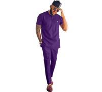 African Attire for Men Solid Color Short Sleeve Shirt Pants 2 Piece Set Outfit Dashiki Suit Clothing, Purple, XL