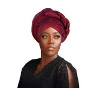 African auto gele Headtie Wedding Party Headpiece Women Head Wraps Muslim Hat (US, Alpha, One Size, wine red)