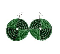 African Beaded Disc Earrings, Black and White Pattern, Traditional Handmade Dangle Design (Green)