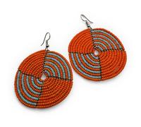 African Beaded Disc Earrings, Black and White Pattern, Traditional Handmade Dangle Design (Orange)