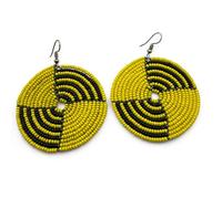 African Beaded Disc Earrings, Black and White Pattern, Traditional Handmade Dangle Design (Yellow)