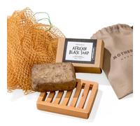 African Black Soap Set - 200g Bar + Wooden Dish + African Net Sponge - Raw, Natural & Clarifying - Fights Acne, Soothes & Moisturises - For Face & Body, Sensitive or Oily Skin
