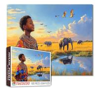 African Boy Savanna Sunrise Puzzle Elephant Herd & River Reflection Art 1000pc Nature Contemplation Jigsaw 50×70cm Challenging Family Activity Games for Home Decor Gifts