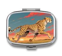 African Cheetah Pill Box with 2 Compartments, Portable Pill Organizer for Pocket or Purse, Decorative Metal Medicine and Vitamins Organizer
