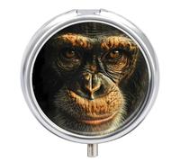 African Chimpanzees Face Pill Box with 3 Compartments and Mirror Cute Metal Round Pill Case for Vitamin Fish Oils