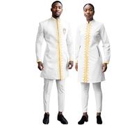 African Clothes for Couple Embroidery Blazer and Pants Set Dashiki Outfits for Men and Women, White, XXL