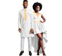 African Clothes for Couple Men`s Embroidery Blazer and Pants 2 Piece Set Women`s Match Color Midi Dress