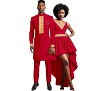 African Clothes for Couple Men`s Embroidery Blazer and Pants 2 Piece Set Women`s Match Color Midi Dress, Red, S