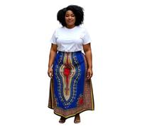 African Dashiki Maxi Skirt for Women - 100% Cotton African Ankara Print Long Boho Hippie Skirt with Elastic Waist - Beautiful Ethnic Festival Skirt (UK, Alpha, One Size, Regular, Regular, Royal Blue)