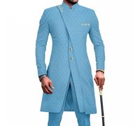 African Dashiki Outfits for Men Long Sleeve Shirt 2 Piece Set Top and Pants Wear Wedding Clothing Suit Coats Tracksuit (Color : Blue-Grey, Size : S)
