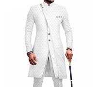 African Dashiki Outfits for Men Long Sleeve Shirt 2 Piece Set Top and Pants Wear Wedding Clothing Suit Coats Tracksuit(White-1,S)