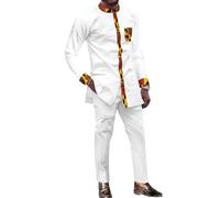 African Dashiki Suit for Men Kente Print Long Sleeve Outfit Clothing Shirts and Pants 2 Piece Traditional Attire, White-v41, S
