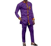 African Dashiki Suit for Men Kente Print Long Sleeve Outfit Clothing Shirts and Pants 2 Piece Traditional Attire, Purple-v41, XXL