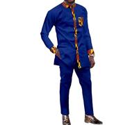 African Dashiki Suit for Men Kente Print Long Sleeve Outfit Clothing Shirts and Pants 2 Piece Traditional Attire, Blue-v41, L