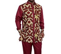 African Dashiki Suit for Men Kente Print Long Sleeve Outfit Clothing Shirts and Pants 2 Piece Traditional Attire, Red2, L
