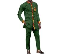 African Dashiki Suit for Men Kente Print Long Sleeve Outfit Clothing Shirts and Pants 2 Piece Traditional Attire, Army Green-v41, M