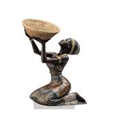 African Decor, Acrylic African Woman Sculpture, Tribal Art Statue with Gold Leaf Bowl, 2D Visual Effect Figurine for Living Room