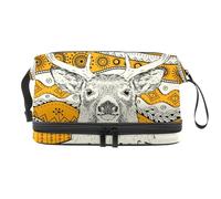 African Deer in Ethnic Tribal Pattern Double Layer Cosmetic Bag for Women and Girls, Travel Toiletry Bag Makeup Handy Pouch Organiser Bag with Brush Compartment