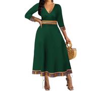 African Dresses for Women Elegant V Neck 3/4 Sleeve Casual Long Maxi African Attire Dress, Dark Green Print, M