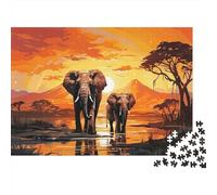 African Elephant 1000 Piece Jigsaw Puzzle Paper Puzzle for Adults Sunset Tropical Scenery Relaxation Focus Family Game Home Decor Gift 38x26cm/1000pcs