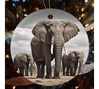 African Elephant Ceramic Christmas Ornaments - 4 Pcs Rustic Round Xma Tree Decor with Hanging String, Personalized Vintage Double-Sided Holiday Party Decorations for Xmas Gifts