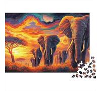 African Elephant Herd Puzzle 1000Pc Savanna Sunset Jigsaw Puzzles Family Puzzle Game Perfect for Relaxation 100% Recycled Cardboard for Adults And Children 38x26cm/1000pcs