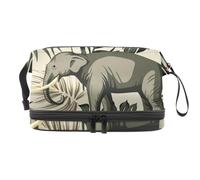 African Elephant in Tropical Hibiscus Flower Palm Leave Double Layer Cosmetic Bag for Women and Girls, Travel Toiletry Bag Makeup Handy Pouch Organiser Bag with Brush Compartment