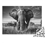 African Elephant Jigsaw Puzzle for Adults 1000 Piece Jigsaw Puzzle Paper Puzzle Game Grassland Black and White Scenery Focus Relaxation 38x26cm/1000pcs