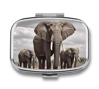 African Elephant pilldispenser with Mirror 2 Compartments Waterproof PillCase for Purse Pocket Non-Slip Grip Travel Medicine Organizer Container Box for Vitamin Fish Oil Supplement