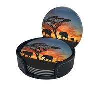 African Elephant Print Chic Round Leather Coasters â€“ Set Of 6 Full-Print Coasters In A Premium Pu Leather Storage Box