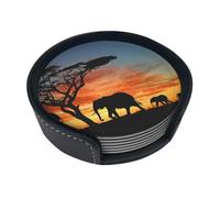 African Elephant Print Drink Coasters Set Of 6 Leather Coasters Non-Slip Coffee Mats For Beer Mug Wine Glass Home And Bar Coasters