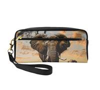 African Elephant Printed Leather Makeup Bags with Wrist Strap Portable Travel Toiletry Bag Cosmetic Organizer Bag for Women