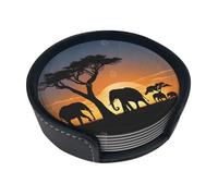 African Elephant Round Leather Coasters (6 Pieces) - Drink Coaster Set For Desk, Modern Easy To Clean Home Office & Farmhouse Coasters