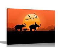 African Elephant Silhouette Sun and Birds Canvas Wall Art Prints Pictures Framed Home Office Decoration Stretched and Framed Animal Artwork 60 x 40cm (24 x 16 inches)