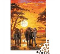 African Elephant Sunset 1000 Piece Jigsaw Puzzle Set for Young Adults Sturdy Recycled Cardboard Home Decor Wall Art Mental Puzzle Game 38x26cm/1000pcs