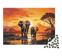 African Elephant Sunset Year in Pictures 1000 Piece with High Definition Print Jigsaw Puzzles As An Ultra Difficult Puzzle for Travel Jigsaw Puzzle 38x26cm/1000pcs